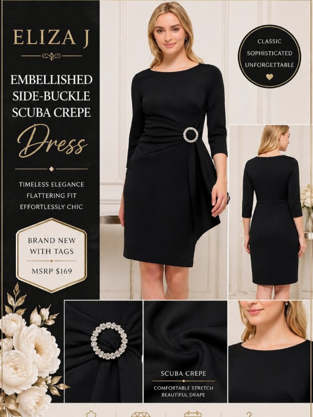Eliza J Black Scuba Crepe Buckle Dress 4 NWT Cocktail Career Chic